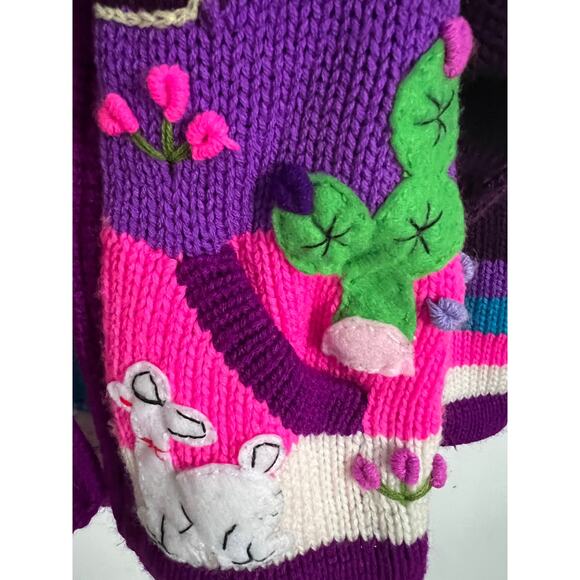 Handmade Peru Alpaca Llama Bird Knit Sweater Hoodie 2T 3T Purple Bright Colors - Picture 3 of 10